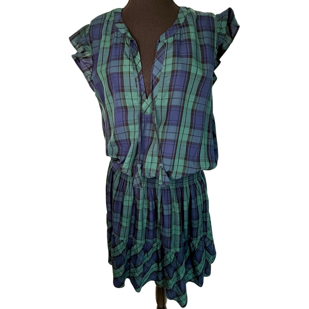 Vineyard Vines Blue Green Plaid Ruffle Sleeve Mini Dress Size M Coastal Preppy